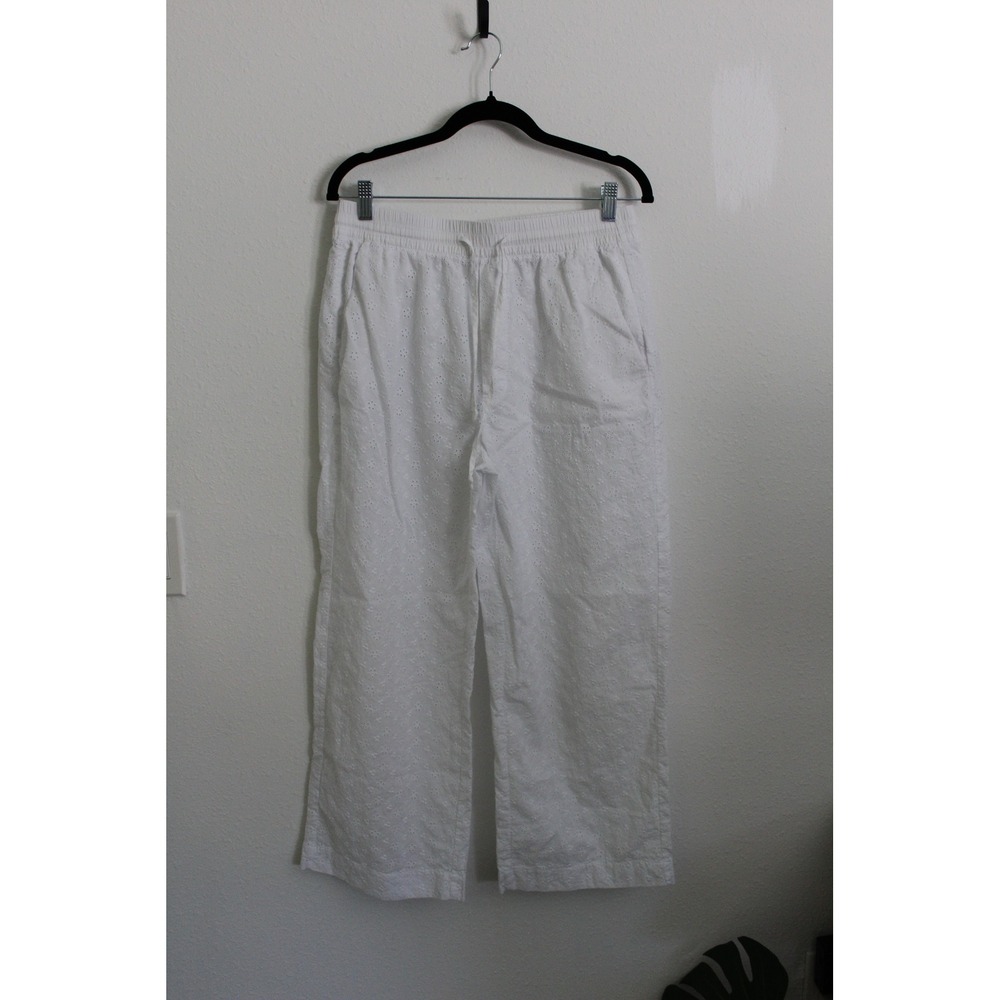 Zara White Floral Eyelet Cotton Wide Leg Pants Elastic Waist Drawstring Medium